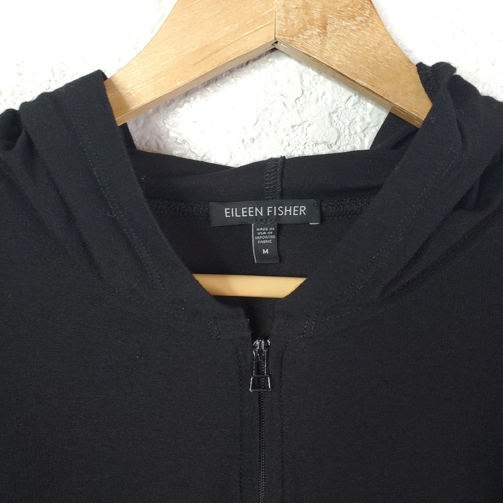 Eileen Fisher Jacket Womens Medium Black Hooded Zip Front Cardigan Hanky Hem - Picture 4 of 16